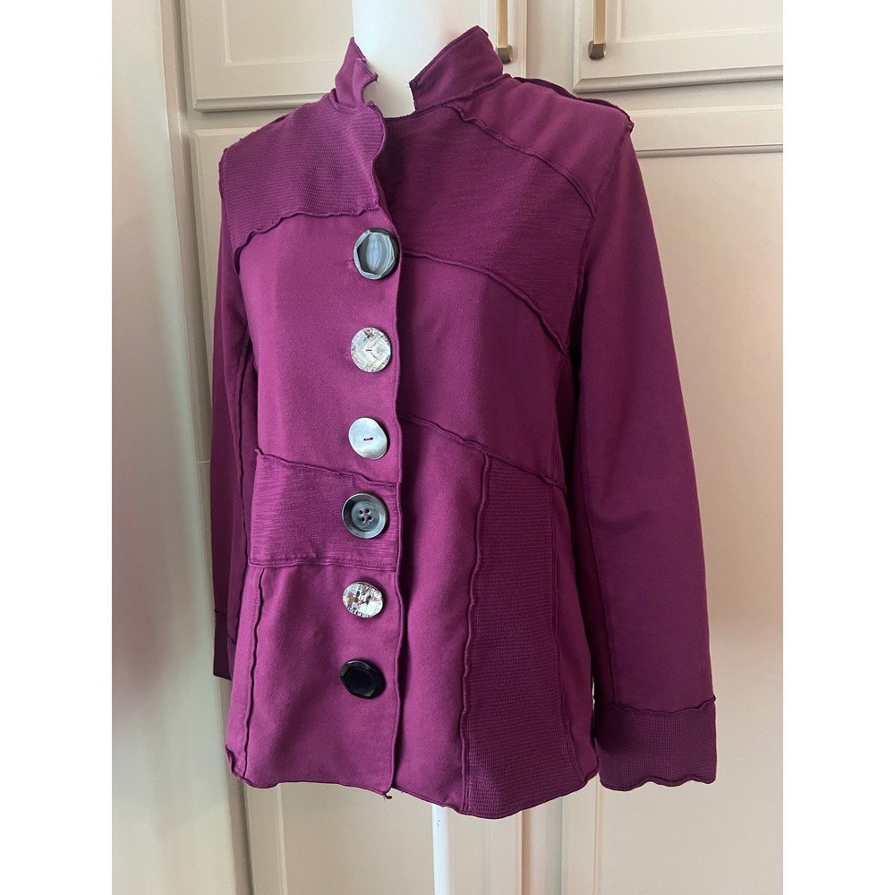 Neon Buddha Plum Purple Mixed Media Button Front Lagenlook Jacket Medium